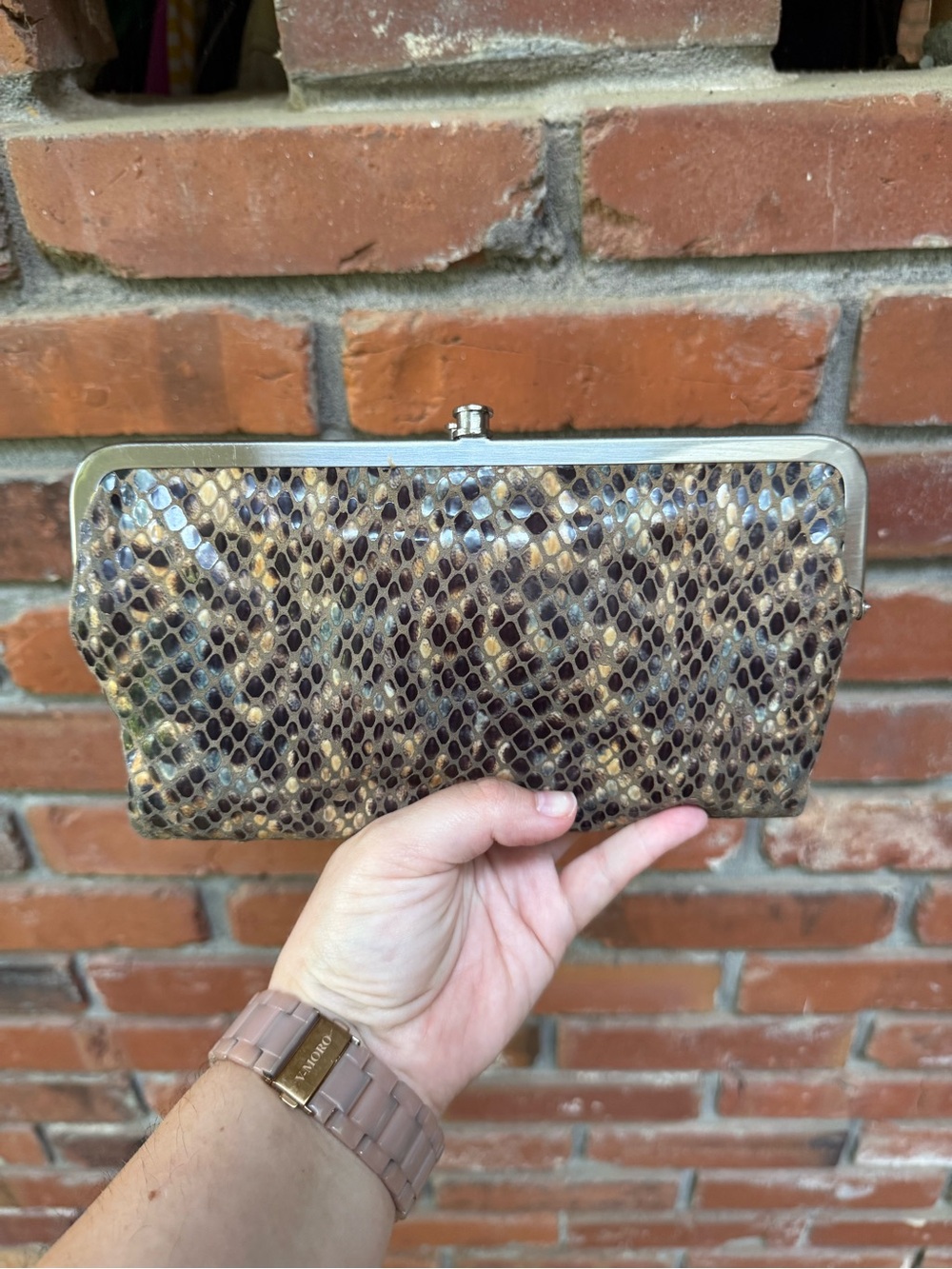 HOBO Brown Snake-Print Frame Clutch with Metallic Trim